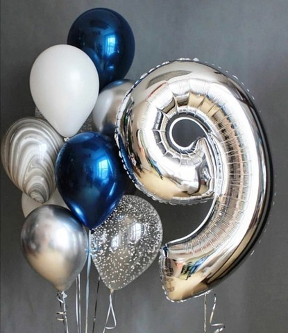 шары на день рождения 9 лет, фольгированная цифра 9, шары хром, шары с конфетти