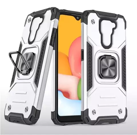 Противоударный чехол Strong Armour Case с кольцом для Xiaomi Redmi Note 9 (Серебро)