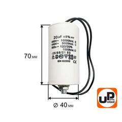 Конденсатор UNITED PARTS CBB60, 20 мкФ, 450В, гибкие выводы, шпилька М8 (90-1006)