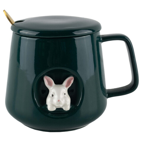 Керамическая кружка с крышкой и ложкой (10x7.8cm), темно-зеленый, 380 мл