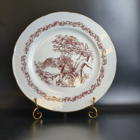 Антуражное блюдо большое, фарфор из набора "Королевская охота", деколь, роспись, D-29.5 см, винтаж ГДР JIMENAU, времен СССР, Германия 1973 год