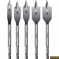STAYER Flat, 5 шт: 12-16-18-20-25 мм, набор перовых сверл по дереву (2950-H5)