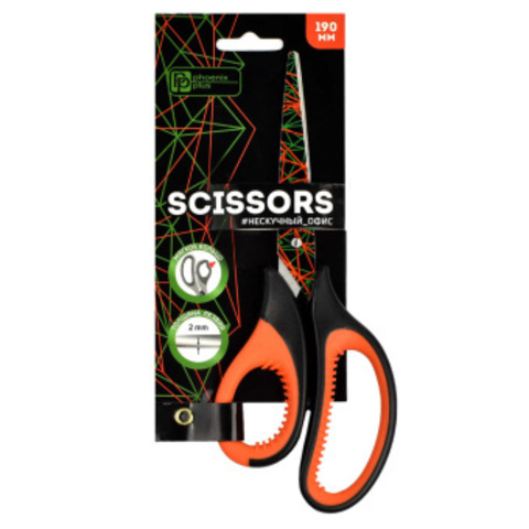 Ножницы офисные Феникс+, арт.64530/ 12 ГЕОМЕТРИЯ (зелёный, оранжевый, чёрный, 19 см, длина лезвия: 7,7 см, нержавеющая сталь, асимметричные, универсальные, картонная подложка с европодвесом)