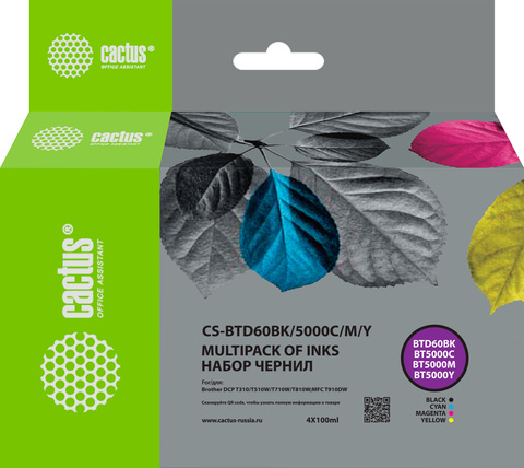 Чернила Cactus CS-BTD60BK/5000M/C/Y Голубой / Cyan/Пурпурный / Magenta/желтый/черный набор 4x100мл для Brother DCP-T300/T500W/T700W/MFC-T800W