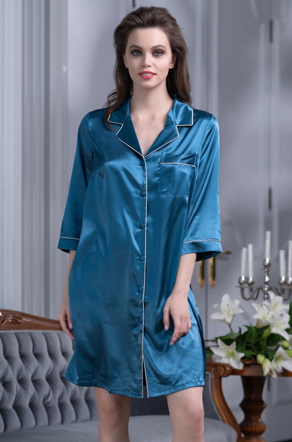 Шелковые женские халаты Рубашка на пуговицах MIA-Mella  Джулия 8737 синий 8737_син.jpg