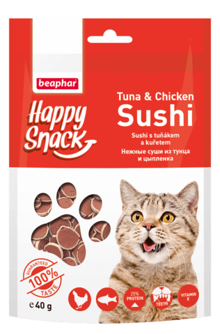 купить бефар Beaphar Happy Snack Tuna Chicken Sushi нежные суши из тунца и цыпленка для кошек