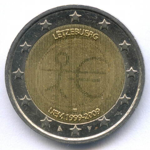 2 евро 2009 год. Люксембург. 10 лет монетарной политики ЕС и введения евро. Биметалл XF-AU