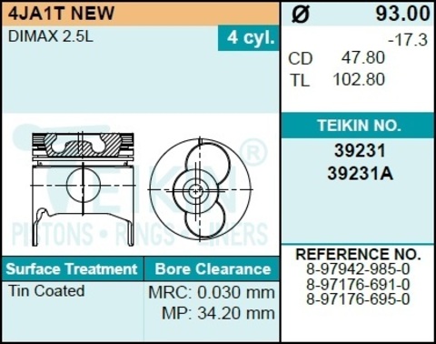 Поршень двигателя TEIKIN 39231A STD (4шт/упак)