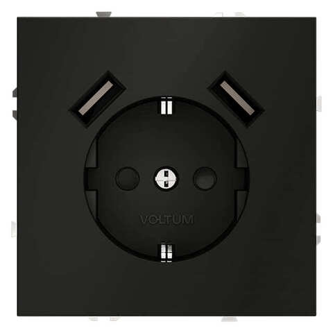 Розетка электрическая с USB зарядкой 2К+З/2xUSB с заземлением и шторками USB тип A / USB тип A - 16А. Цвет Чёрный матовый. MAYTONI. VOLTUM S70. VLS040408