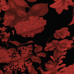 Шёлковый крепдешин с цветами в красных оттенках на чёрном
