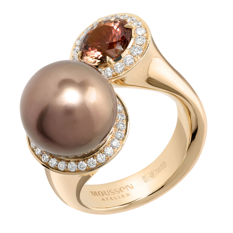 Кольцо с Морским Шоколадным Жемчугом, Оранжевым Турмалином и Бриллиантами, R0259-51/2