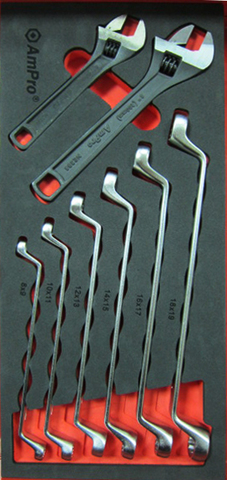 Набор накидных ключей изогнутых и разводные ключи, 8 предметов в мягком ложементе, AmPro
