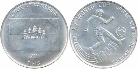 20 риель Чемпионат мира по футболу США 1994 г. Камбоджа 1991 г.