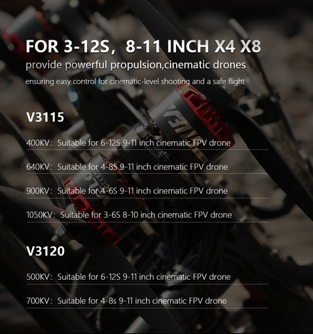 T-Motor Velox V3115 KV640 Cinematic, 4-8S, 9-11", X4 X8
