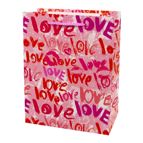 Пакет подарочный, Сердца и поцелуи, Розовый, с блестками, 32*26*12 см