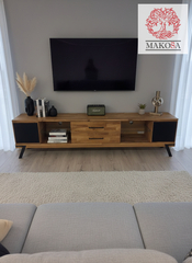 Тумба под телевизор Флеверс 220 см, массив дуба, металл. комплектующие