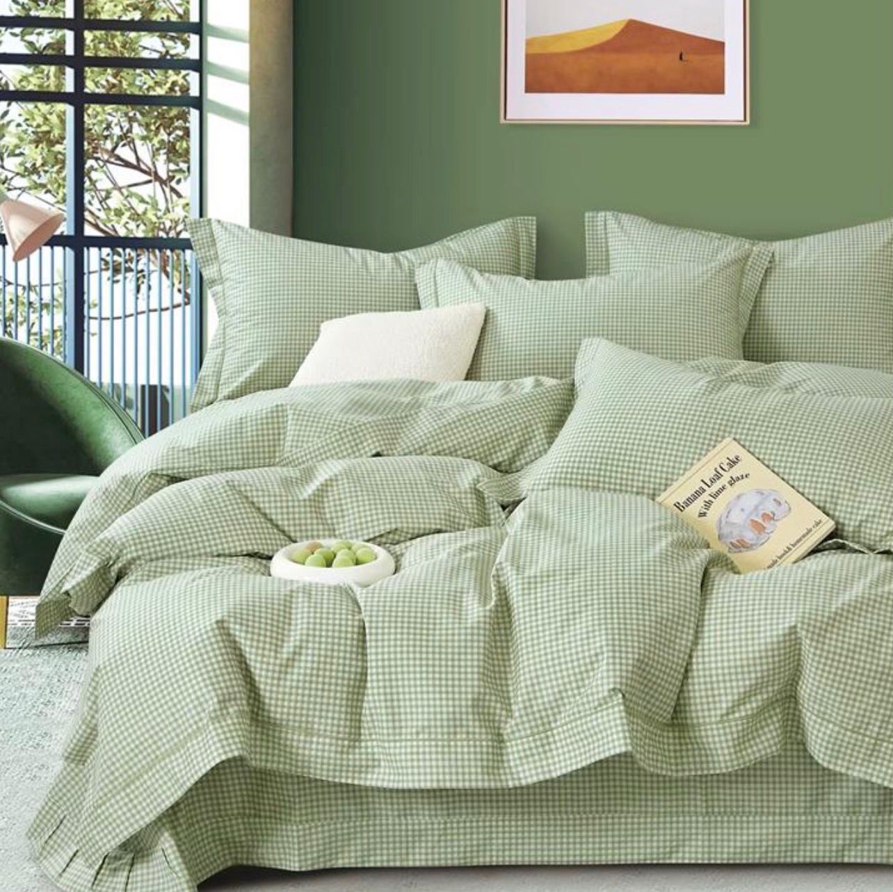 Постельное белье JK Двуспалка ЕВРО Сатин Клетка зеленый