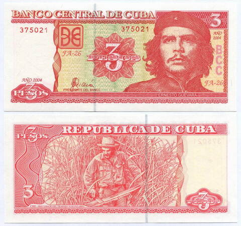 Банкнота Куба 3 песо 2004 год (Че Гевара) FA-26 375021. UNC