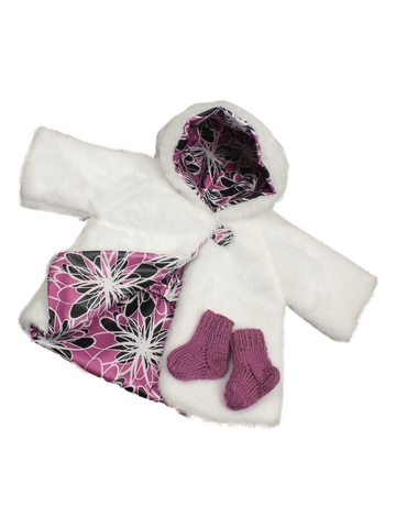 Двусторонняя шуба с баской - Белый / сиреневый. Одежда для кукол, пупсов и мягких игрушек.