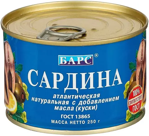 Сардина Барс натуральная с доб масла ж/б 250г ключ, шт