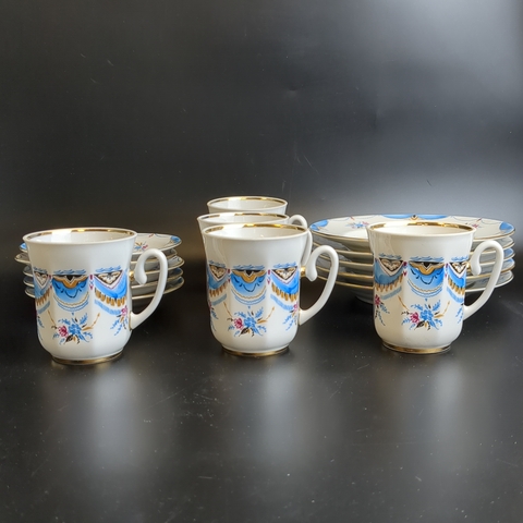 Набор кофейных трио на 5 персон (15 предметов), "Летний театр" ЛФЗ клеймо красное, роспись, деколь, винтаж СССР 1990-е гг