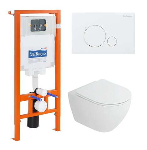 BelBagno CZR-6601-TH-TOR/CZR2316SC/BB002-80/BB014-SR-BIANCO Комплект 4 в 1 Унитаз подвесной Cezares STYLUS-TOR CZR-6601-TH-TOR с сид-ем CZR-2316-SC + Система инст. для унит-в BB002-80 с кн.смыва BB014-SR-BIANCO