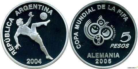 5 песо Чемпионат мира по футболу в Германии 2006 г. Аргентина 2004 г. Proof
