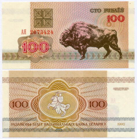 Банкнота Беларусь 100 рублей 1992 год АЯ 2673424. UNC
