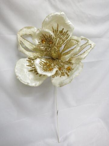 Цветок магнолии на ножке с резными лепестками 38х70см ChristmasDeLuxe кремовый с золотым глиттером