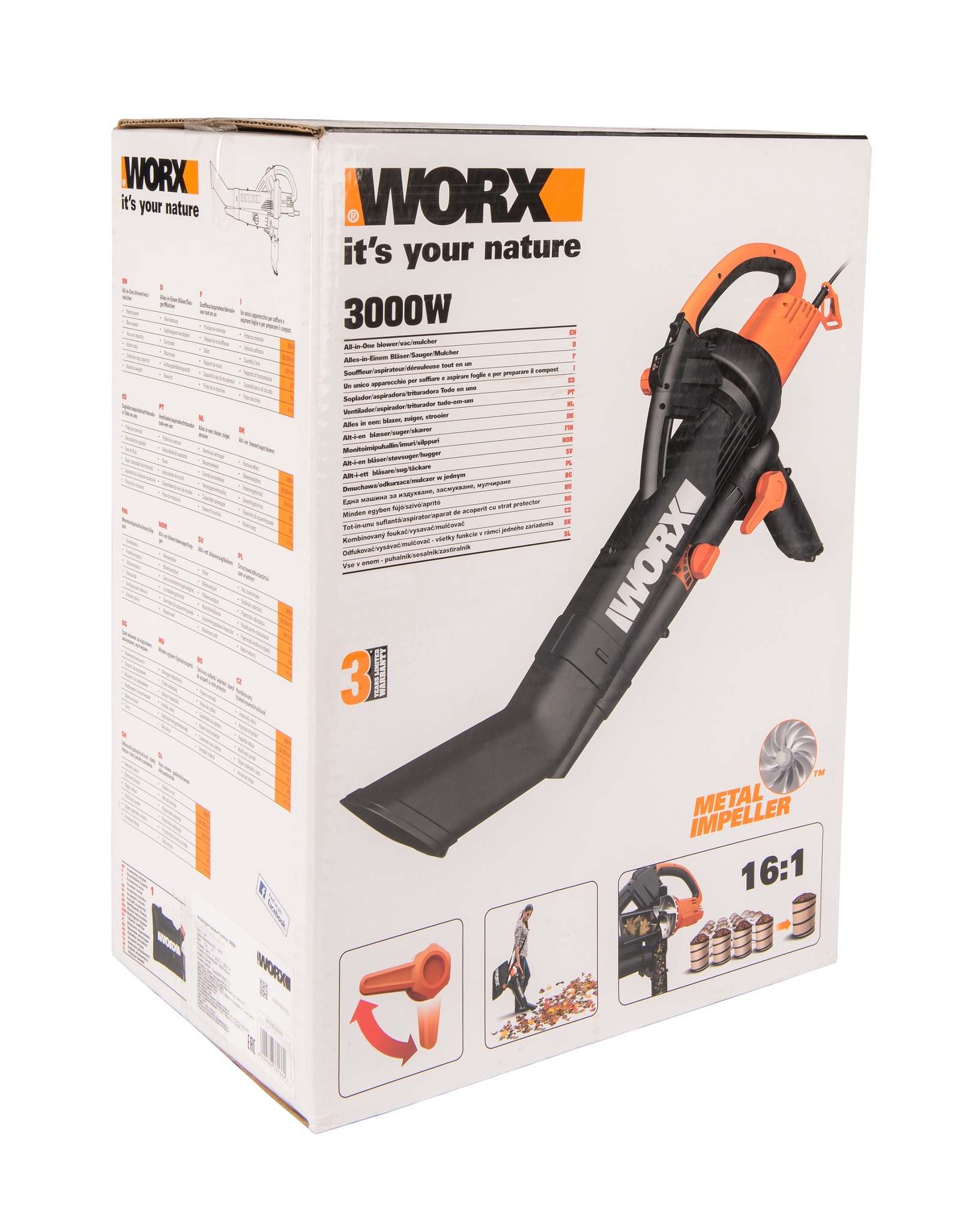 Воздуходув-Садовый Пылесос WORX WP506E, 3000Вт, 335 км/ч, 10м3/мин