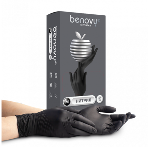 Перчатки нитриловые текстурированные на пальцах BENOVY Q,чёрные, S, 500/50/пара