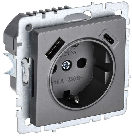 BRITE Роз. с з/к/ш 16А с USB A+C 18Вт РЮш11-1-БрС сталь IEK