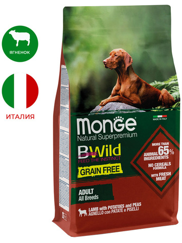 Monge Dog BWild Grain Free Lamb сухой корм для собак, беззерновой, ягненок с картофелем и горохом 12 кг