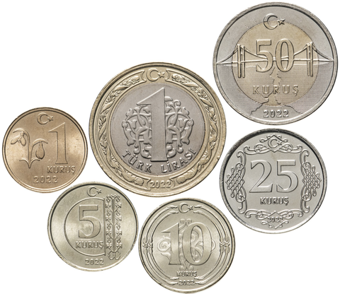 Турция годовой набор 2022 из 6-ти монет (1, 5, 10, 25, 50 куруш, 1 лира)