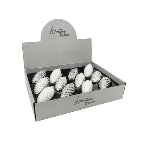 Набор шишек 10x5см 12шт ChristmasDeLuxe белый/серебро