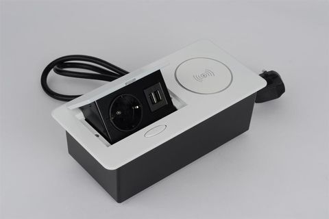 SETE Встраиваемый настольный удлинитель, 1 гнездо, 2*USB, беспроводная зарядка, серый