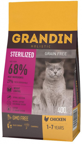 GRANDIN  Корм сухой беззерновой для кастрированных котов и стерилизованных кошек в возрасте от 1 года до 7 лет, с курицей, 1,5 кг