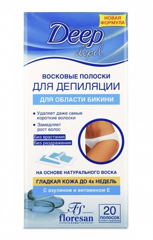 Флоресан Deep depil Восковые полоски для депиляции области бикини с азуленом и витамином Е, 20шт