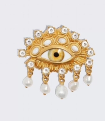 22823- Брошь ГЛАЗ (желтый) с подвесками из речного жемчуга в стиле Schiaparelli