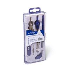 
          Готовальня Alingar, 7 предметов, метал. циркуль,кронциркуль,точилка,грифель,рейсфедерная вставка,держатель,универсал.держ. пластик. футляр, европодвес