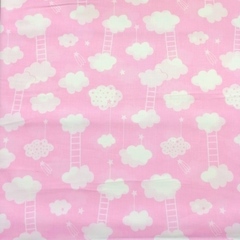 Ткань хлопковая  облачка с лесенкой на розовом