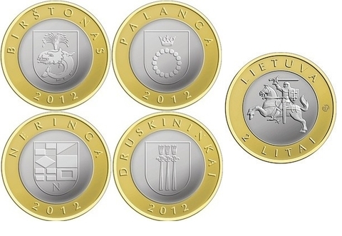 Набор из 4 монет 2 лита "Курорты Литвы" 2012 год