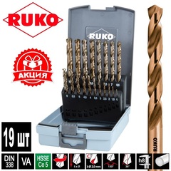 Набор сверл по металлу 1-10мм 19шт DIN338 HSSE-Co5 130° (пл. кейс) Ruko 215214RO