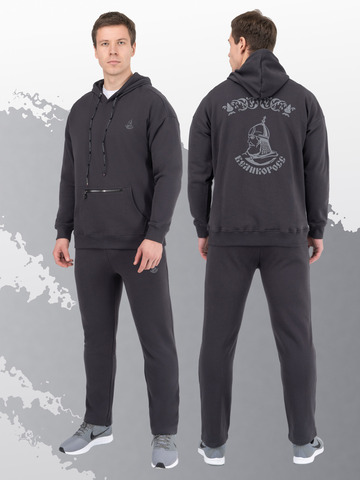 Худи графитового цвета с логотипом, без лампасов. Плотный футер