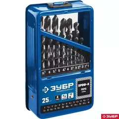 ЗУБР ПРОФ-А, 25 шт, (1-13 мм), сталь Р6М5, класс А, мет.бокс, набор сверл по металлу,Профессионал(29625-H25)