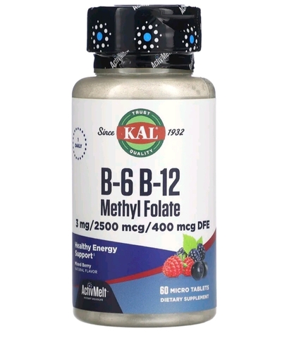 Kal, витамины В6, В12 и метилфолат, ягодное ассорти, 60 микротаблеток