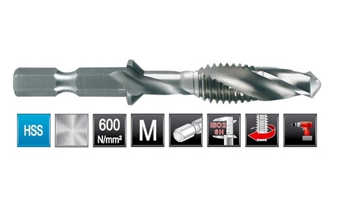 Метчик М 6,0х1,0 (Для шуруповерта, 3 в 1) HSS-G 6h 60мм a=1/4