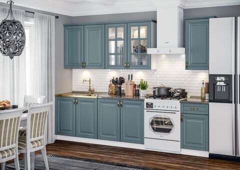 Кухня Престиж 2,0/900м (490) Компоновка №3 (Браш Блю, Белый (Кастилло темный))