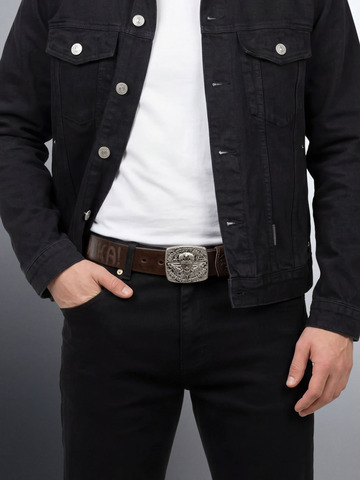 Кожаный ремень «Слава Русскому Десанту» тёмно-коричневого цвета