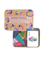 Развивающие пазлы деревянный танграм SHAPES PUZZLE 100 заданий, 50 карточек в жестяной коробке для детей от 3-х лет